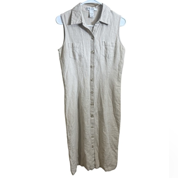 Vintage GEOFFREY BEENE SPORT Beige 100% Linen Collared Maxi Shirt Dress Size 4 - Picture 2 of 8